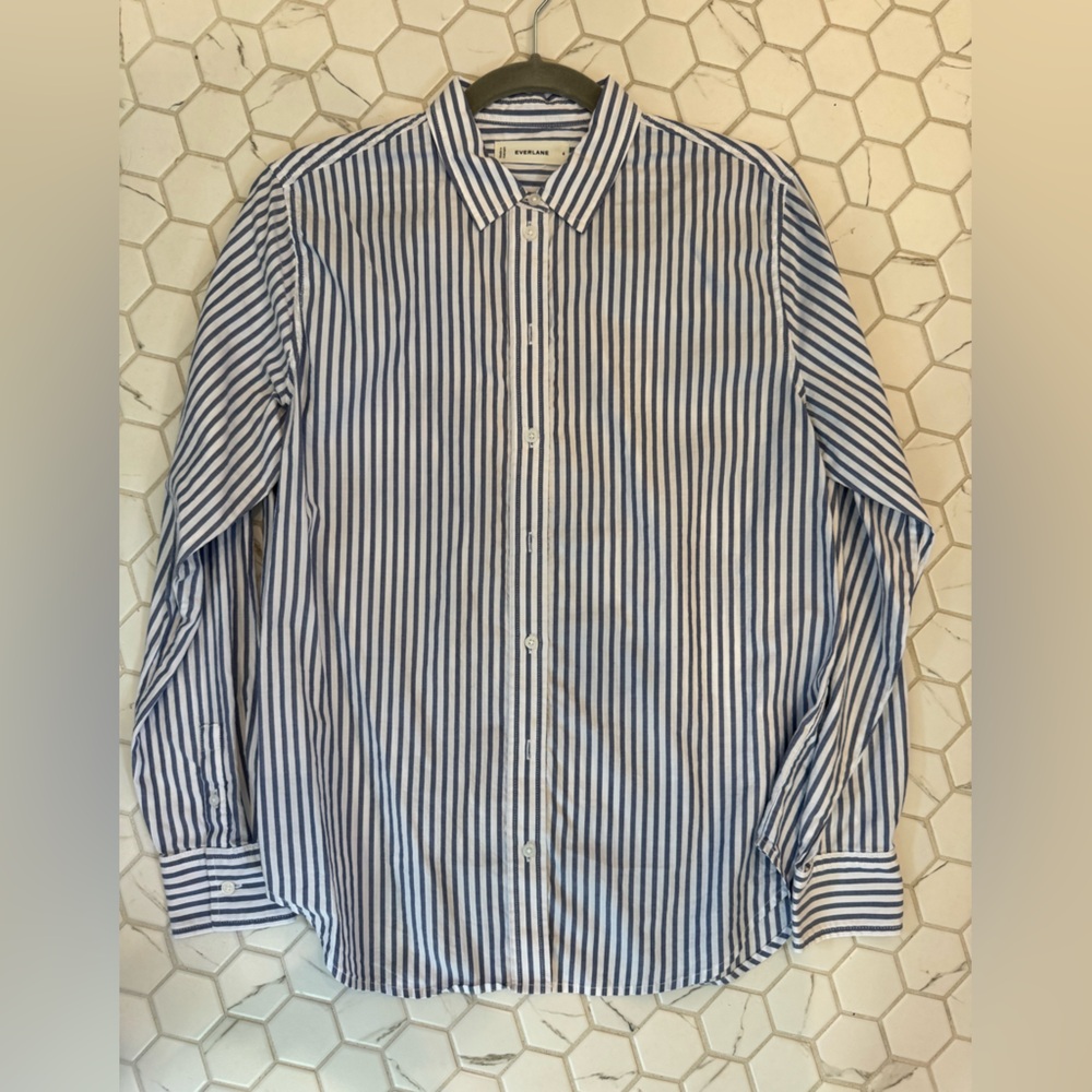 Everlane Blue and White Vertical Stripe Dress Shirt